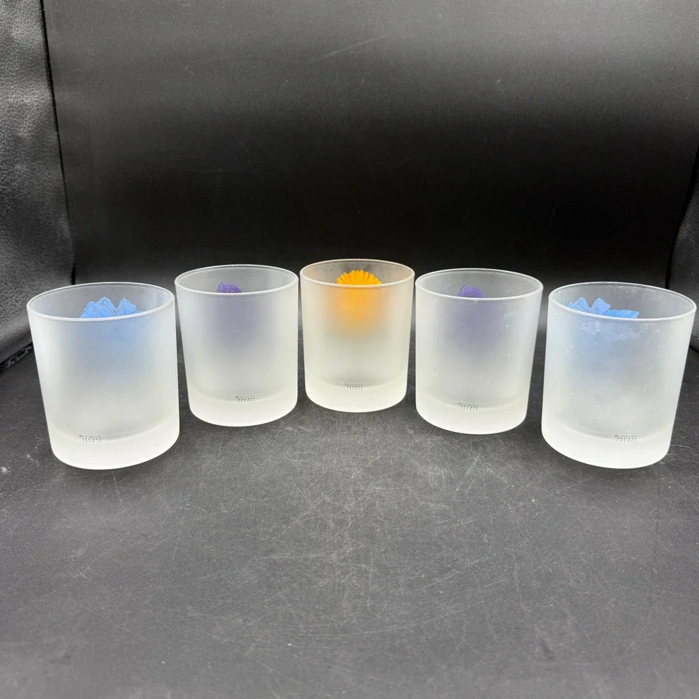Vintage Dartington Designs France Frosted Lowball Glass Set 5 Floral Whiskey